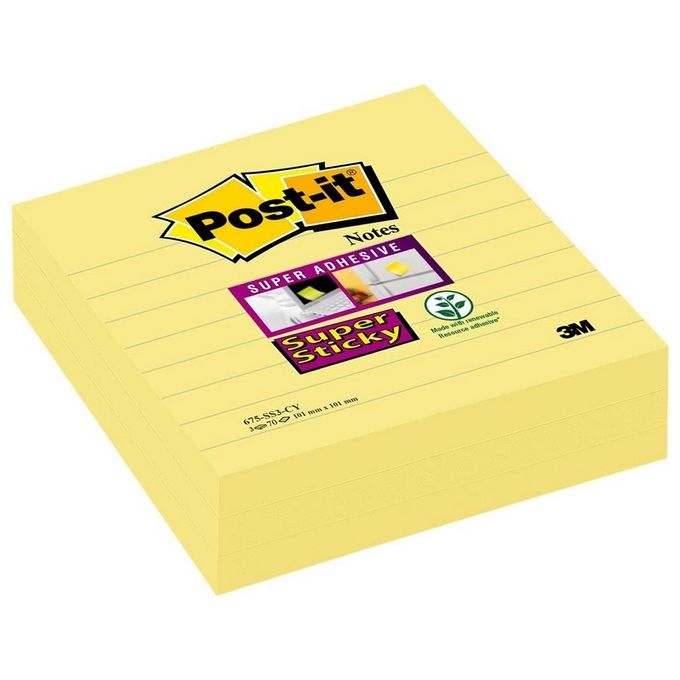 3M Post-it - Super Sticky Colore Giallo Canary A Righe Formato XL 3 Blocchetti 70 Foglietti 101x101mm