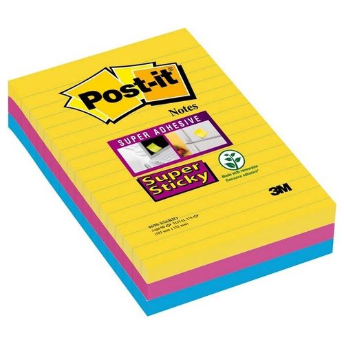 3M Post-it - Super Sticky Colori Rio De Janeiro 3 Blocchetti 3 Colori 90 Foglietti XXL 101x152mm