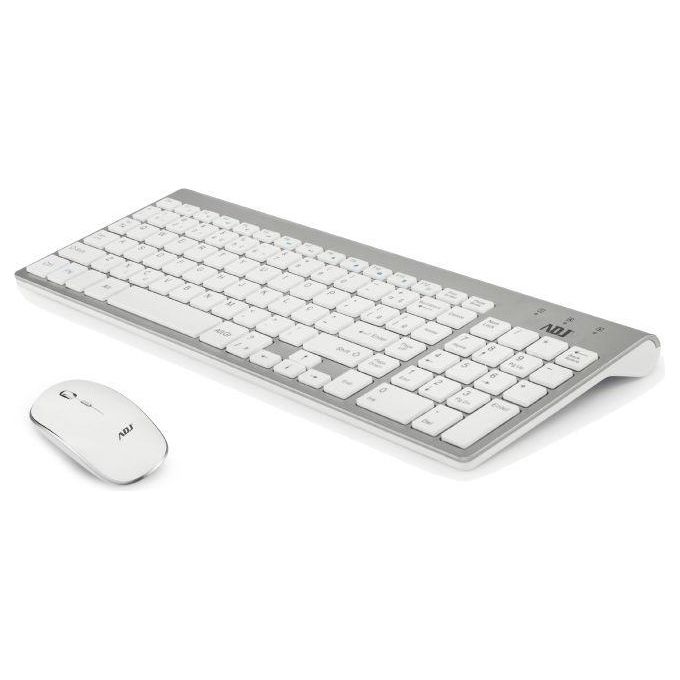 Adj Platinum KW10 Set Tastiera Multimediale e Mouse Wireless Layout Italiano QWERTY Senza Fili 102 Tasti Mouse Ergonomico 1600 DPI Silver/Bianco