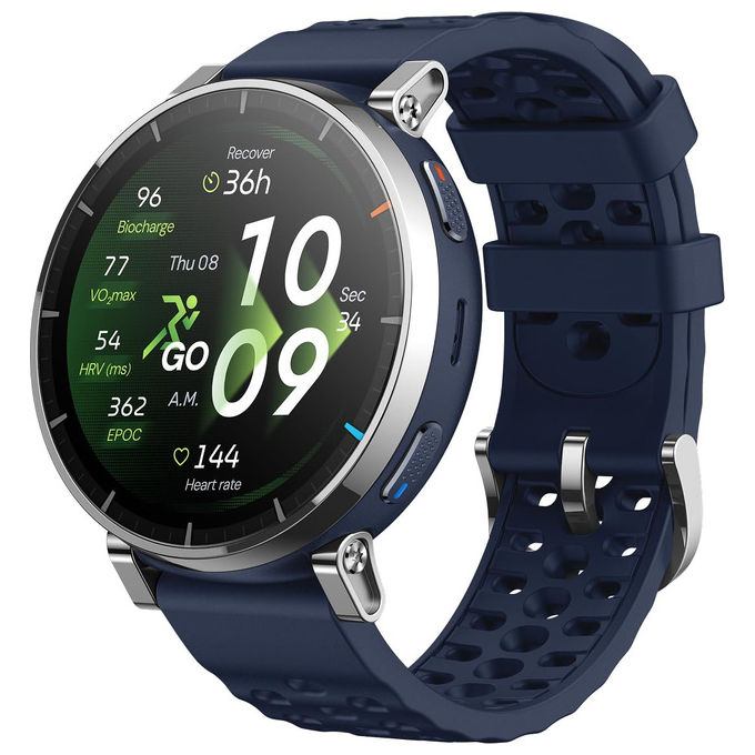 Amazfit active 3 premium smartwatch 45mm 1.32 amoled vetro zaffiro gps running nfc mappe offline 5 atm 170+ sport argento blu