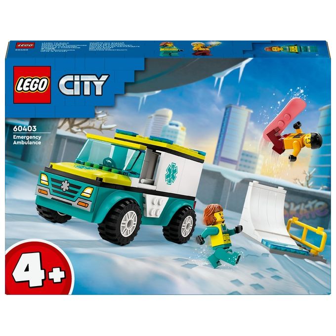 LEGO City 60403 Ambulanza di Emergenza e Snowboarder, Veicolo Giocattolo per il Pronto Soccorso, Giochi per Bambini 4+ Anni