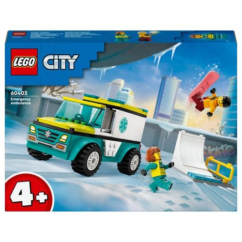 LEGO City 60403 Ambulanza di Emergenza e Snowboarder, Veicolo Giocattolo per il Pronto Soccorso, Giochi per Bambini 4+ Anni