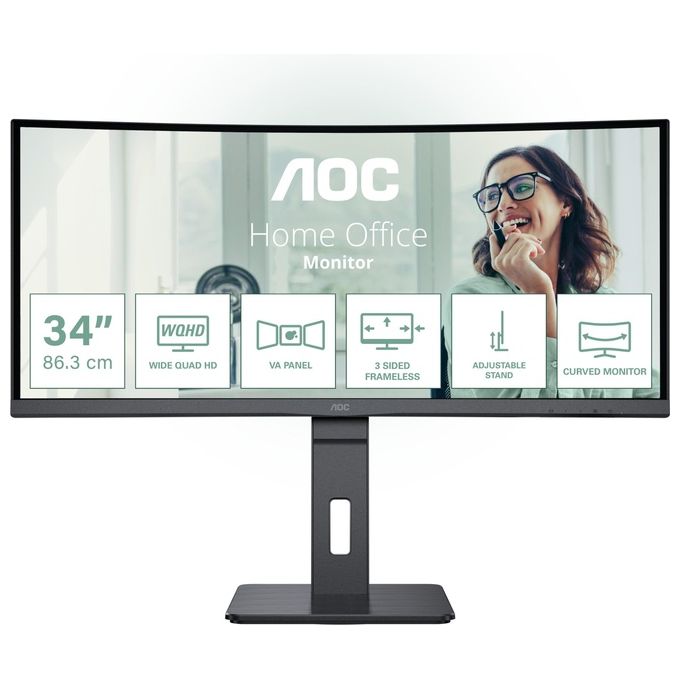 Image of AOC CU34P3CV - Monitor curvo WQHD da 34 pollici, regolabile in altezza, altoparlante (3440x1440, 100 Hz, HDMI, DisplayPort, USB-C (65W PD), RJ45, hub USB) nero
