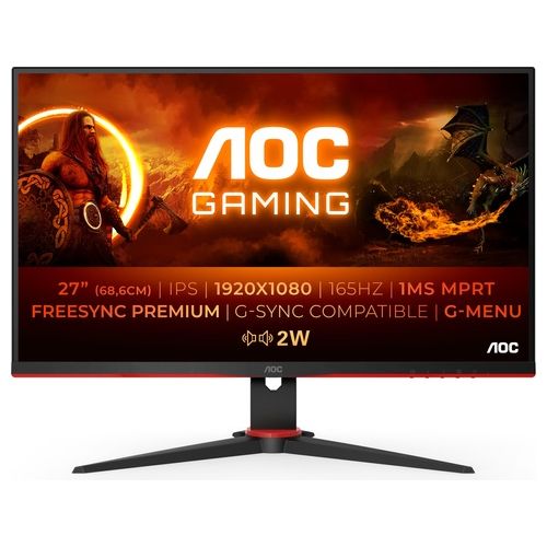 AOC Gaming 27G2SPAE - Monitor FHD da 27 pollici, 165 Hz, 1 ms MPRT, FreeSync, G-Sync Compatible, altoparlante (1920 x 1080, VGA, HDMI, DisplayPort) Nero/Rosso