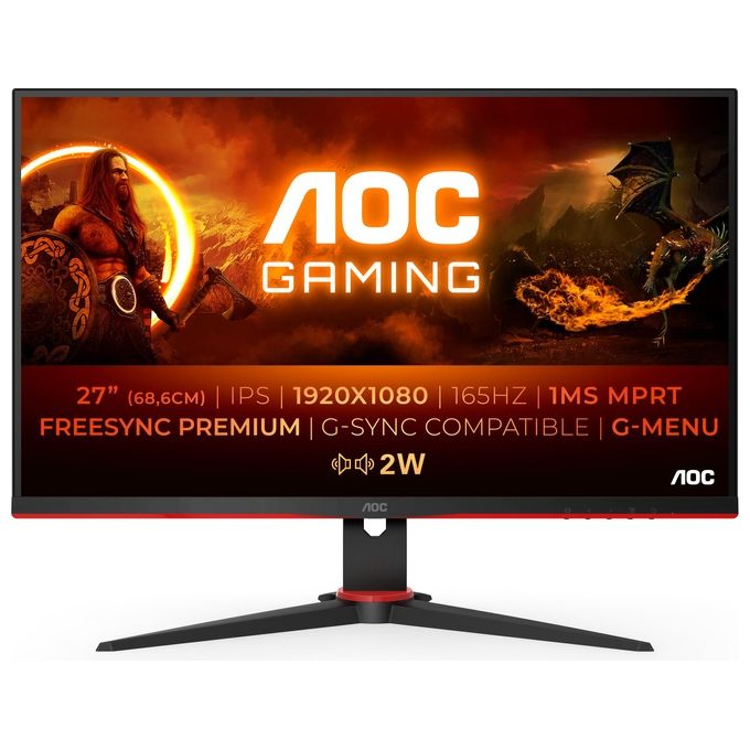 AOC Gaming 27G2SPAE - Monitor FHD da 27 pollici, 165 Hz, 1 ms MPRT, FreeSync, G-Sync Compatible, altoparlante (1920 x 1080, VGA, HDMI, DisplayPort) Nero-Rosso