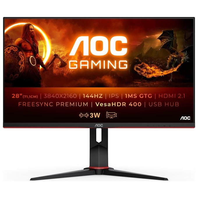 AOC Gaming U28G2XU2 - Monitor 28'' UHD 144 Hz, 1 ms, FreeSync PremiumPro, HDR400 (3840x2160, HDMI 2.1, DisplayPort, USB Hub) Nero/Rosso