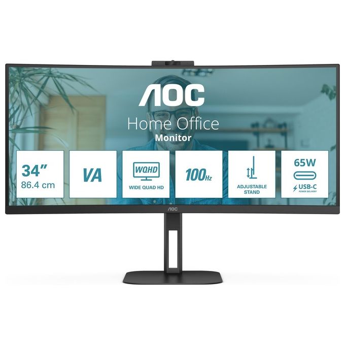 Image of AOC CU34V5CW - Monitor curvo WQHD da 34 pollici, webcam da 2 MP, altoparlante, altezza regolabile (3440 x 1440, 100 Hz, HDMI, DisplayPort, USB-C, hub USB) Nero Visita lo Store di AOC
