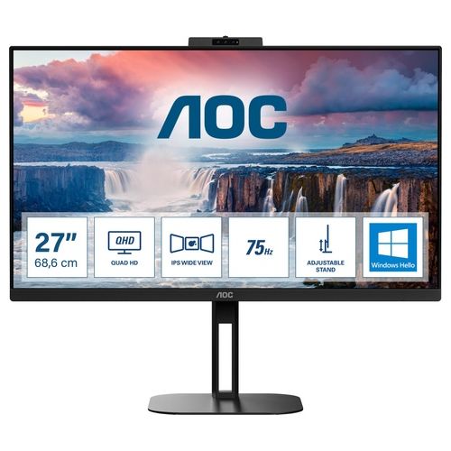 AOC Monitor da 27''  V5 Q27V5CW  QHD, Webcam, Speaker, Regolabile in Altezza (2560 x 1440, 75 Hz, HDMI, DisplayPort, USB-C, USB Hub) Nero