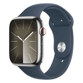 Apple Watch 9 45mm GPS + Cellular Cassa in Acciaio Inossidabile Argento e Cinturino Sport Blu Tempesta S/M