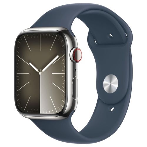 Apple Watch 9 45mm GPS + Cellular Cassa in Acciaio Inossidabile Argento e Cinturino Sport Blu Tempesta M/L