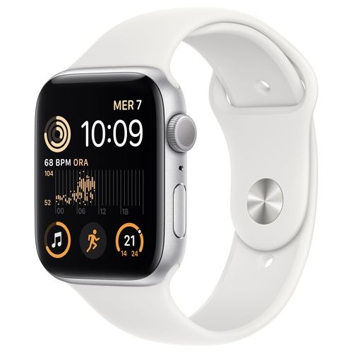 Apple Watch SE GPS Cassa 44mm in Alluminio Color Argento con Cinturino Sport Bianco Regular