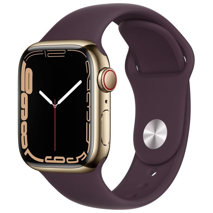 Apple Watch Series 7 GPS e Cellular Cassa 41mm in Acciaio Inossidabile Color Oro con Cinturino Sport Ciliegia Scuro Regular