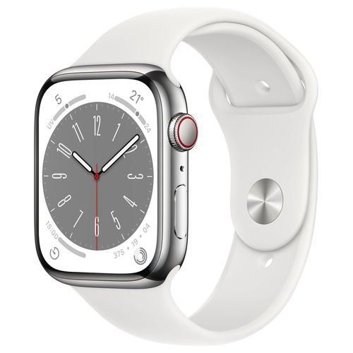 Apple Watch 8 45mm GPS + Cellular Cassa Argento in acciaio cinturino Sport Bianco Regular