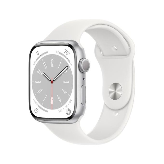 Apple Watch 8 45mm GPS Cassa in Alluminio color Argento con Cinturino Sport Bianco