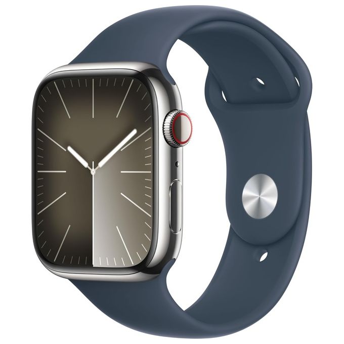 Apple Watch 9 41mm GPS + Cellular Cassa in Acciaio Inossidabile Argento e Cinturino Sport Blu Tempesta M/L