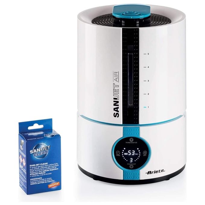 Image of Ariete 2836 Sani-Jet Air – Umidificatore a ultrasuoni, capacita' 5 L, per ambienti fino a 90 m², autonomia 15 ore, funzione igienizzante, ionizzatore, display LED touch, Bianco-Azzurro