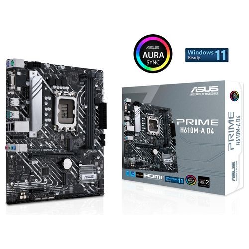 ASUS PRIME H610M-A D4 Scheda Madre mATX, Intel H610, LGA1700, DDR4, PCI 4.0, Intel 1Gb Ethernet, Realtek 7.1 Surround, 2xM.2, 4xSATA 6GB/s, USB 3.2 Gen 1, Armoury Crate, Nero