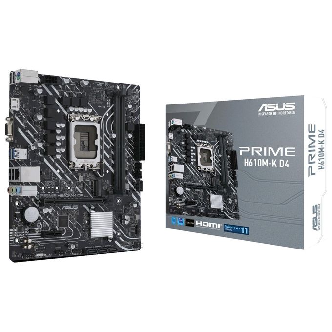 ASUS PRIME H610M-K D4 Scheda Madre mATX, Intel H610, LGA1700, DDR4, PCI 4.0, Realtek 1Gb Ethernet, Realtek 7.1 Surround, 1xM.2, 4xSATA 6GB-s, USB 3.2 Gen 1, Armoury Crate, Nero