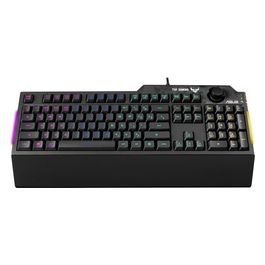 ASUS TUF Gaming K1 Tastiera Gaming USB, Membrana, RGB a 5 Zone, Rollover a 19 Tasti, Manopola Volume, Resistente ai Liquidi, Barra Luminosa Laterale, Macro Programmabili, Layout Italia, Nero