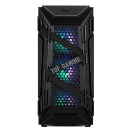 ASUS TUF Gaming GT301, case gaming ATX mid-tower con pannello laterale in vetro temperato, griglia frontale a nido d'ape, 3 ventole 120mm AURA, supporto cuffie e compatibilità radiatori fino a 360mm