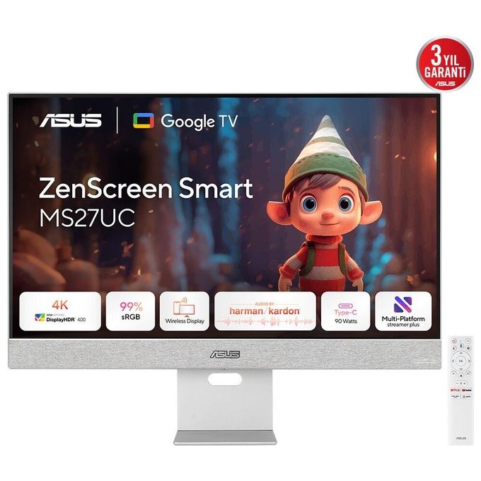 ASUS ZenScreen MS27UC Monitor 27'', Ultra HD IPS (3840x2160), HDMI, DisplayPort, Hub USB, Compatibile con Google TV e con lo Streaming, 99% sRGB, Argento