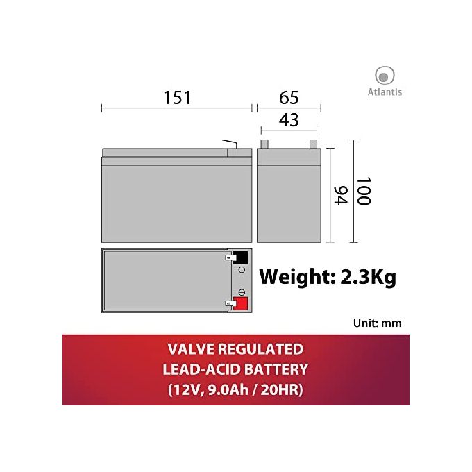 Atlantis Batteria Per Ups, Antifurti 12v/9,0ah Scatola