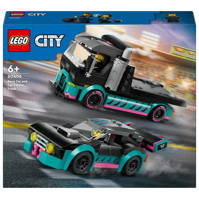 Image of LEGO City 60406 Auto da Corsa e Trasportatore, Macchina e Camion Giocattolo per Bambini di 6+, Veicolo con Rampa Funzionante