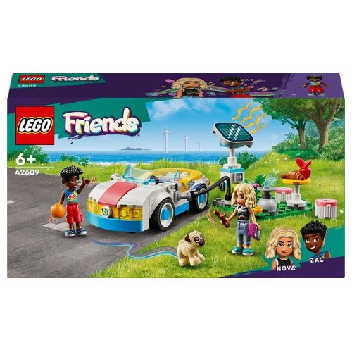 LEGO Friends 42609 Auto Elettrica e Caricabatterie, Giochi per Bambini di 6+ Anni con Macchina Giocattolo e 2 Mini Bamboline