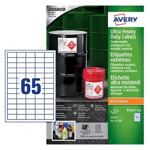 Avery Adesivo Extra Forte Etichette GHS Impermeabili 65 Etichette per Foglio A4