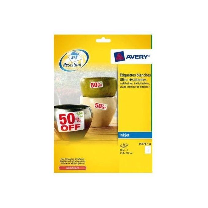 Avery J4775-10 Etichette in Poliestere Bianco per Stampanti Inkjet 210x297 mm 1 Etichetta per Foglio confezione da 10 Fogli colore Bianco