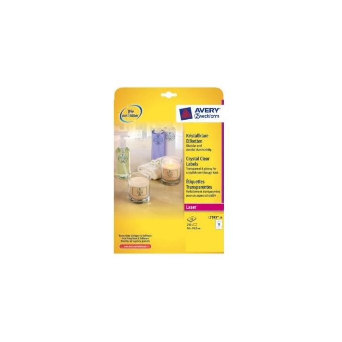 Avery L7783-25 Etichette Adesive Trasparenti Lucide in Poliestere 96x50 8 mm 25 Fogli A4 Stampabili con Stampante Laser colore Trasparente