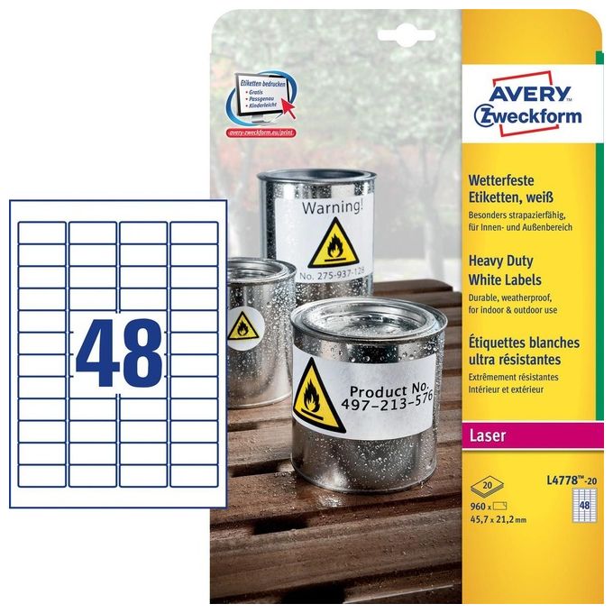 Avery L4778-20 Etichette Adesive in Poliestere Bianco Resistente 45,7x21,2 mm 48 Etichette per Foglio 20 Fogli A4 Stampabili con Stampanti Laser colore Bianco