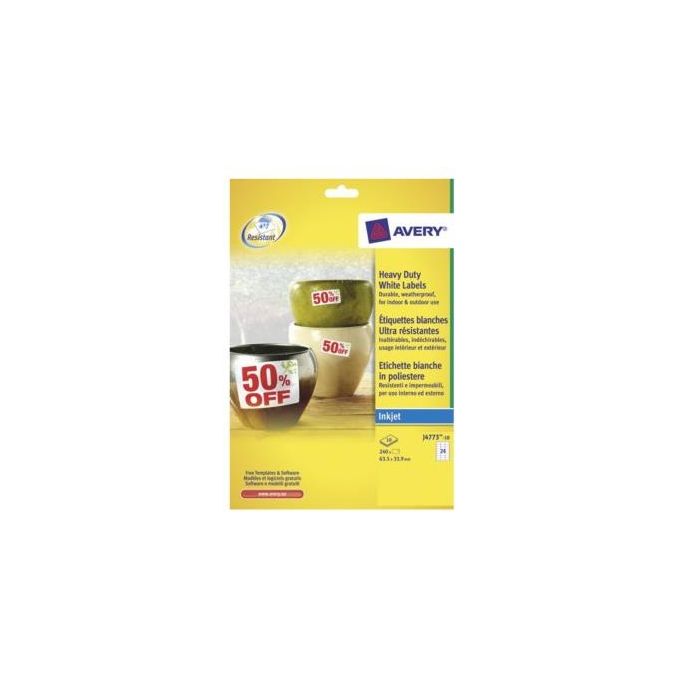 Avery J4773-10 Etichette in Poliestere Bianco 63.5 x 33.9 mm 240 Pezzi per Stampanti Inkjet colore Bianco