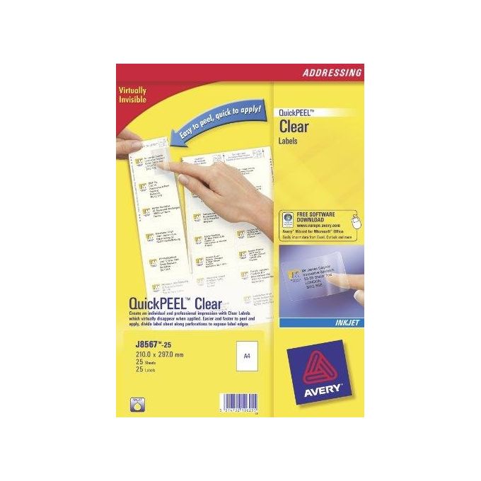Avery J8567-25 QuickPEEL Etichette Trasparenti in Poliestere per Stampanti Inkjet Formato A4 210x297 mm 1 Etichetta per Foglio 25 Fogli colore Trasparente