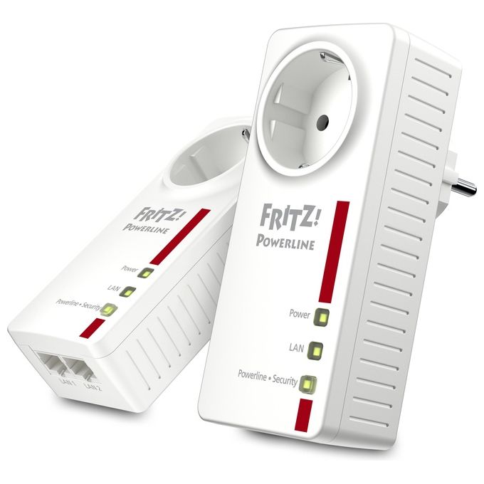 AVM Fritz! Powerline 1220E Set Kit di 2 Adattatori con Presa Passante, Fino a 1200 Mbps, 2 Porte LAN Gigabit, Plug and Play, Eco Mode