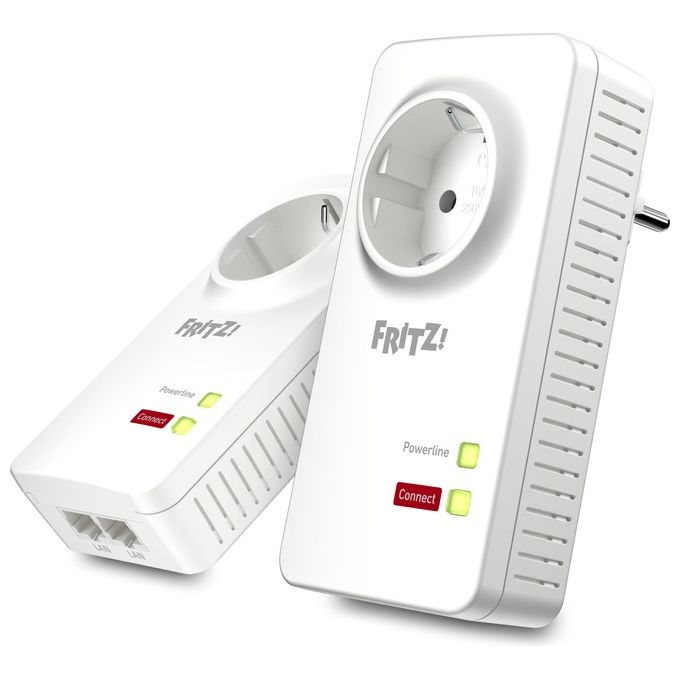 AVM Fritz! Powerline 1220E Set Kit di 2 Adattatori con Presa Passante, Fino a 1200 Mbps, 2 Porte LAN Gigabit, Plug and Play, Eco Mode