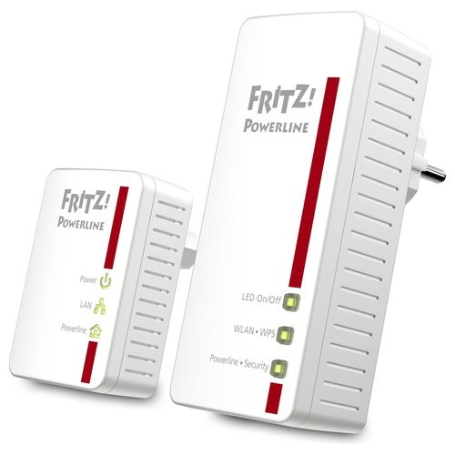 Avm Fritz! Powerline 540E WLAN Set International - Adattatore / estensore della linea di alimentazione, PLC, compatibile HomePlug AV2, IEEE P1901, 500 Mbps, punto di accesso WiFi integrato N, 2 porte LAN Fast Ethernet, Interfaccia in italiano