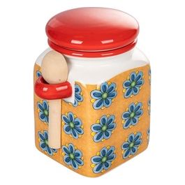 Barattolo 433 ml in ceramica, cucchiaino in bamboo, decoro mediterraneo, Infinito Ventotene