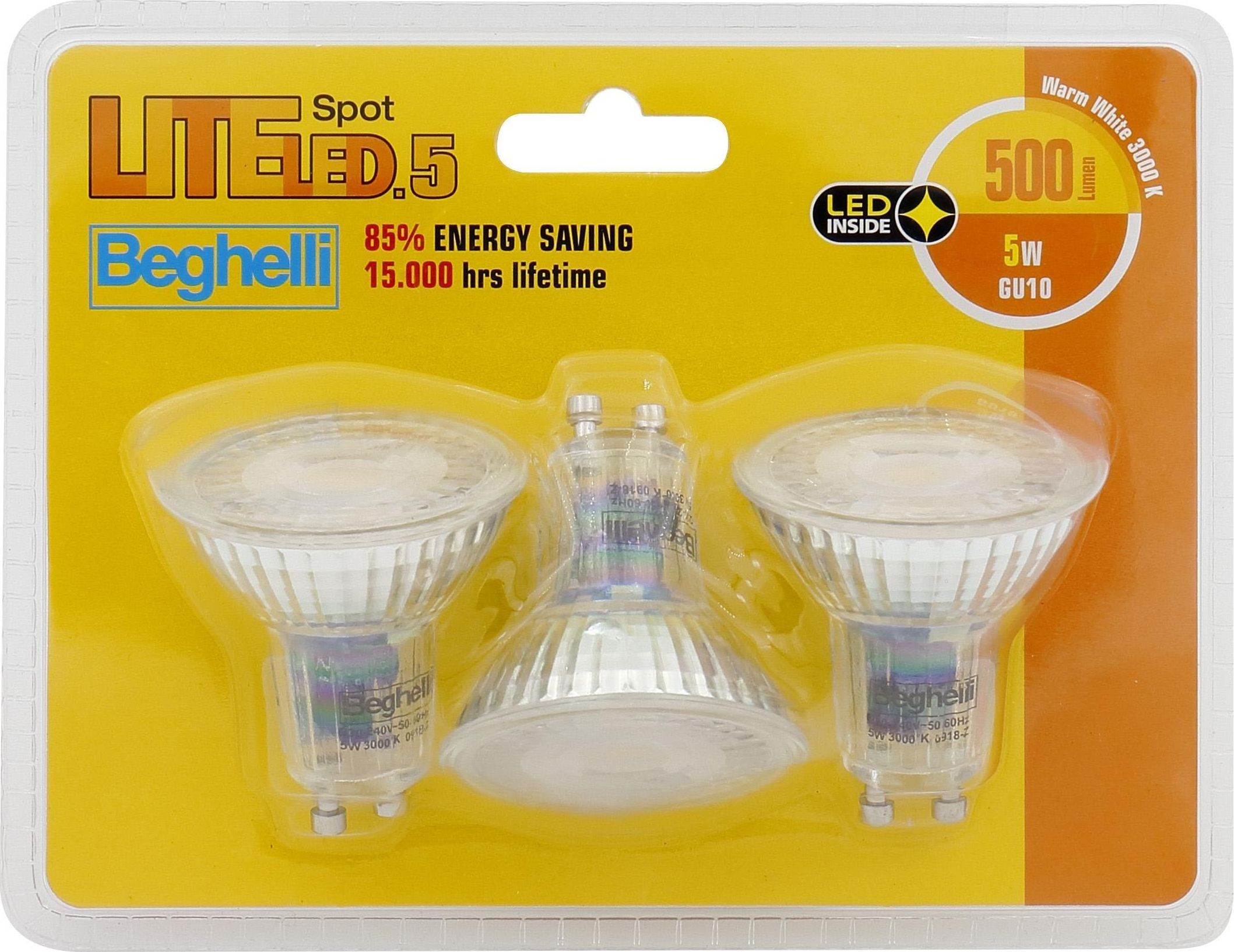Beghelli Faretto Led Gu10 5W 3000k Lite Led 3 Pezzi Luce Calda