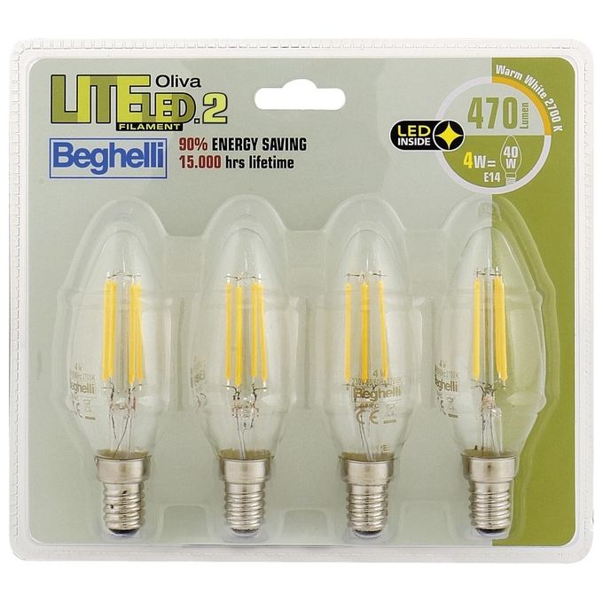 Beghelli Lampadina Led Oliva 4W 2700k Filament Led 2 Luce Calda e14 Confezione 4 Pezzi