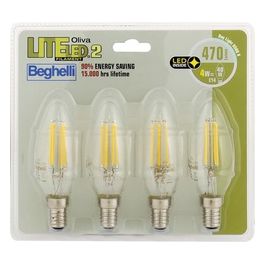 Beghelli Lampadina Led Oliva 4W 6500k Filament Led 2 Luce Fredda e14 Confezione 4 Pezzi