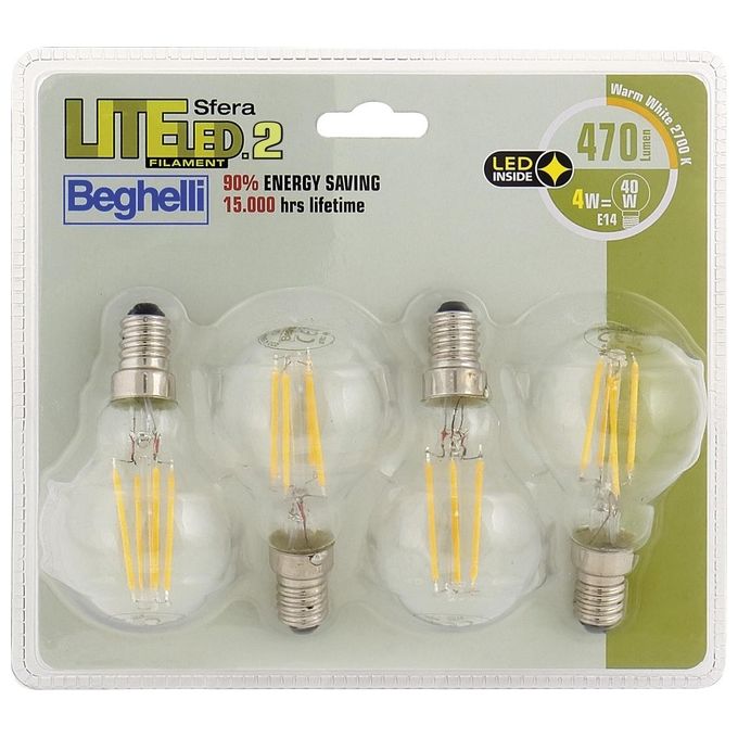 Beghelli Lampadina Led Sfera 4W 2700k Filament Led 2 Luce Calda e14 Confezione 4 Pezzi