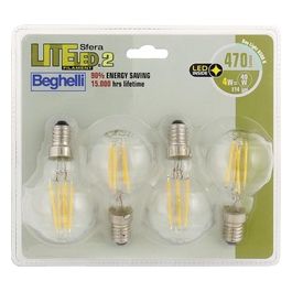 Beghelli Lampadina Led Sfera 4W 6500k Filament Led 2 Luce Fredda e14 Confezione 4 Pezzi