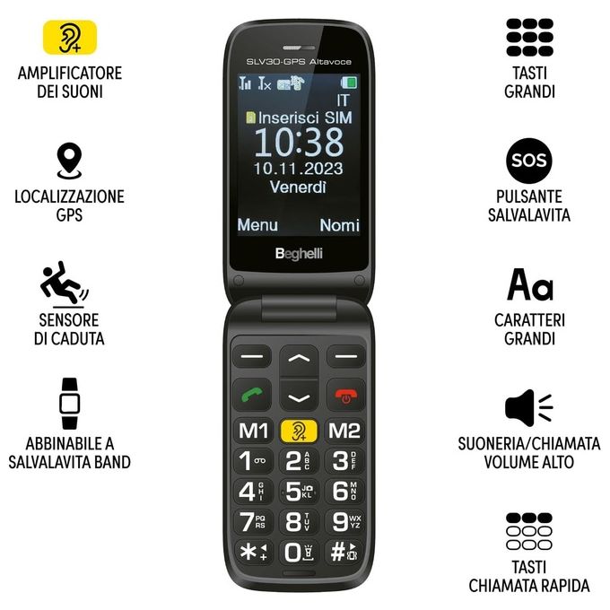 Beghelli Salvalavita Phone SLV30 GPS Altavoce Senior Phone a conchiglia con amplificatore dei suoni localizzazione sensore di caduta e chiamata di soccorso