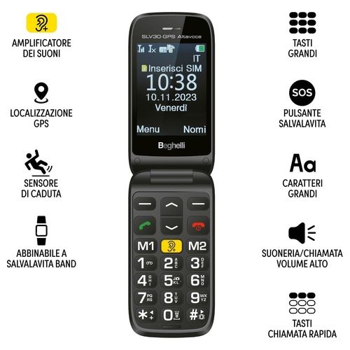 Beghelli Salvalavita Phone 30 GPS Altavoce SeniorPhone con Tasto SOS e sensore cadute Display 2.8"