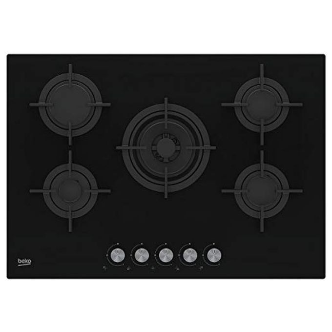 Beko HILW75222S Piano Cottura a Gas in Vetroceramica 5 Fuochi 1 Bruciatore Wok Griglia in Ghisa 75 cm Nero