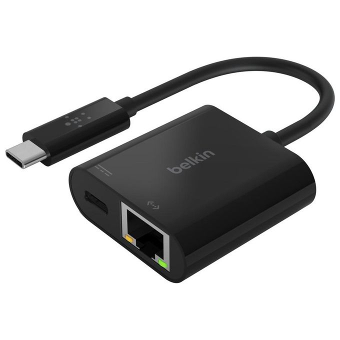 Belkin Adattatore da USB-C a Ethernet e Ricarica Alimentazione Passante Fino a 60W per i Dispositivi Connessi e Velocità Ethernet Fino a 1 000 Mbps Adattatore Ethernet per MacBook Pro Nero