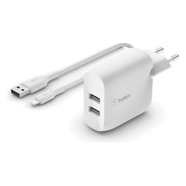 Belkin Boost Charge Doppio Caricabatteria da Parete USB-A 24W con Cavo USB-A/Lightning 1mt Bianco