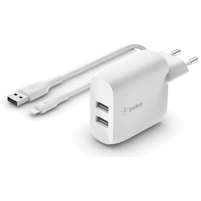 Belkin Boost Charge Doppio Caricabatteria da Parete USB-A 24W con Cavo USB-A/Lightning 1mt Bianco