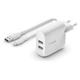 Belkin Boost Charge USB-A Doppio Caricabatteria da Parete da 24W con Cavo da Usb-A a Micro-Usb Bianco